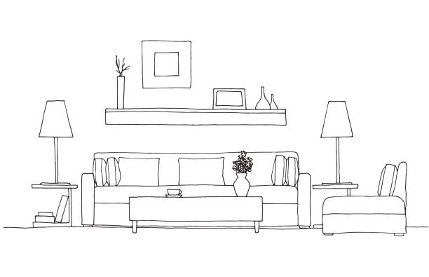 sofa, krzesło, lampa i stół z rośliną doniczkową. ręcznie rysowana ilustracja wektorowa stylu szkicu. - apartment domestic room living room wall stock illustrations