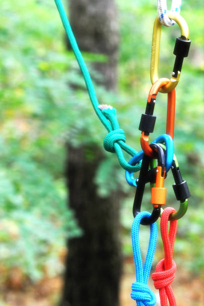 istock Carabiner with rope on nature background. 921303008