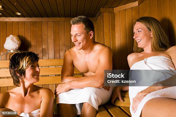 Friends In The Sauna Stock Photo - Download Image Now - Human Face, Men, People