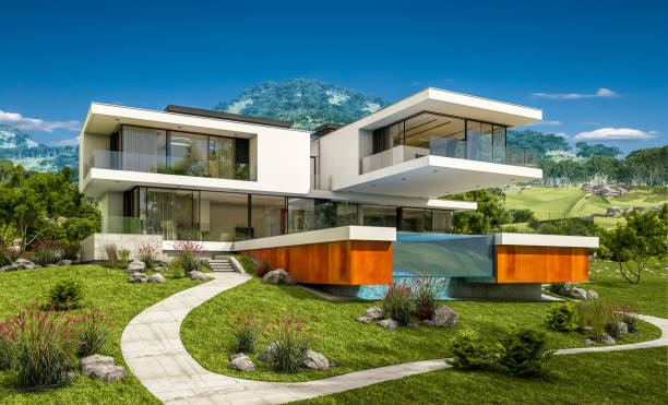 istock 3d rendering of modern cozy house by the river 921305546