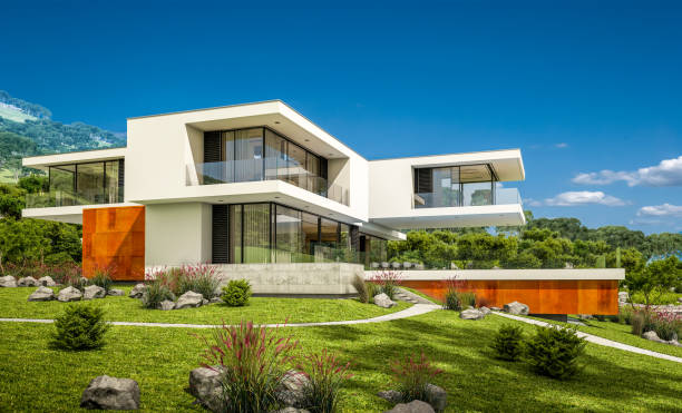 istock 3d rendering of modern cozy house by the river 921305632