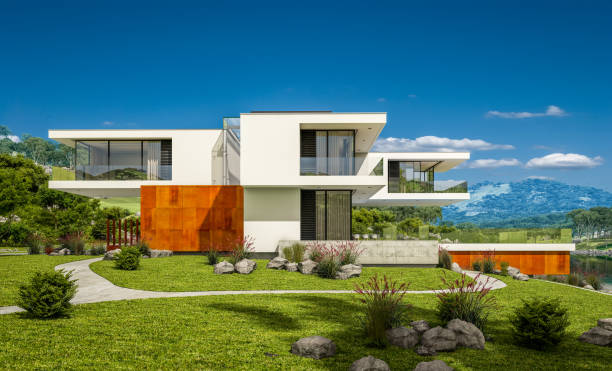 istock 3d rendering of modern cozy house by the river 921305636