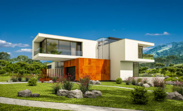 istock 3d rendering of modern cozy house by the river 921305820