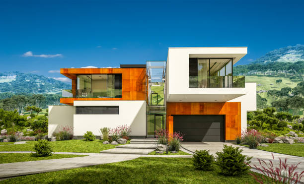 istock 3d rendering of modern cozy house by the river 921305858
