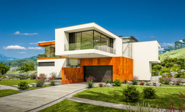 istock 3d rendering of modern cozy house by the river 921305872