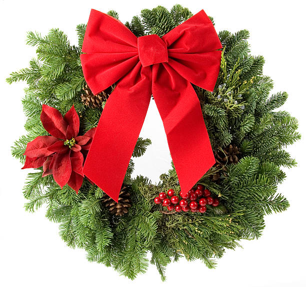 Image of Christmas wreath with big butterfly bow on top stock photo