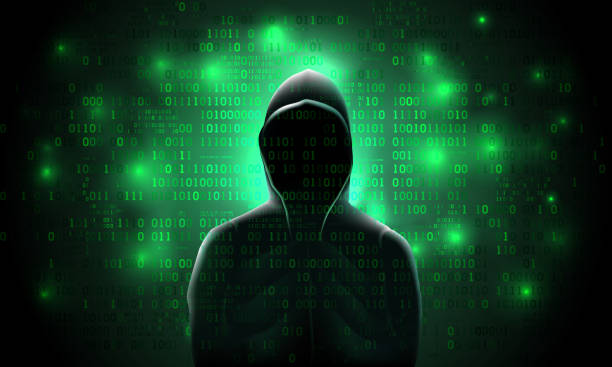 Silhouette of a hacker in a hood, against a background of glowing green binary code, hacking of a computer system, data theft, network attack Silhouette of a hacker in a hood, against a background of glowing green binary code, hacking of a computer system, data theft, network attack hood stock illustrations