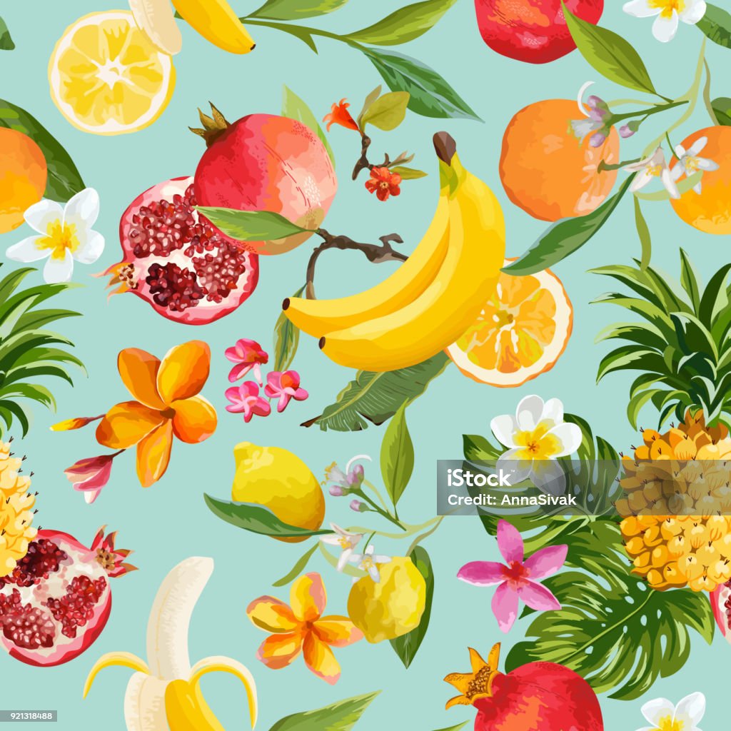 Nahtlose Südfrüchte Muster. Exotischen Hintergrund mit Granatapfel, Zitrone, Blumen und Palmen Blätter für Wallpaper, Geschenkpapier, Stoff. Vektor-illustration - Lizenzfrei Obst Vektorgrafik