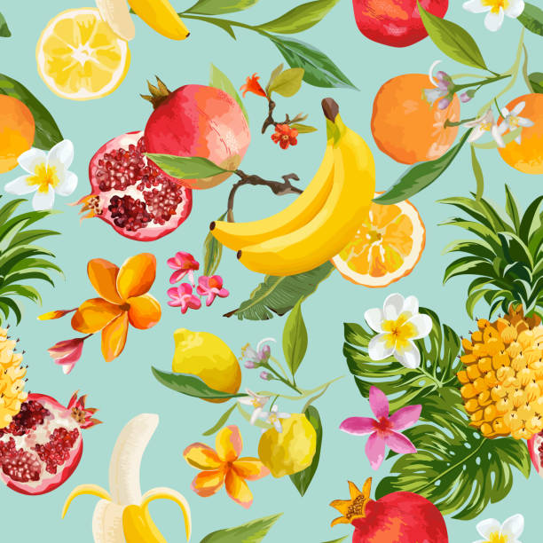 ilustrações, clipart, desenhos animados e ícones de frutas tropicais sem costura padrão. fundo exótico com romã, limão, flores e palmeiras deixa para papel de parede, papel de embrulho, tecido. ilustração vetorial - fruta