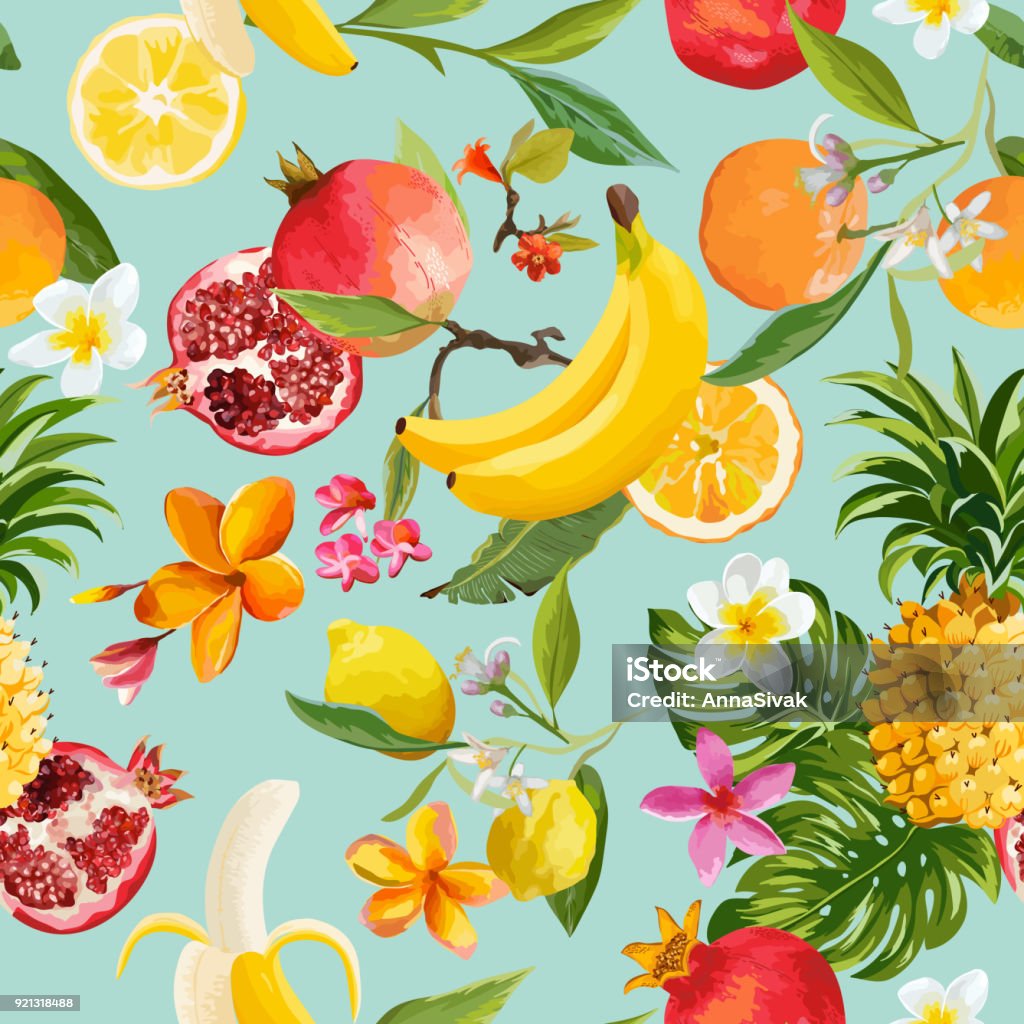 Seamless Tropical Fruits Pattern. Exotic Background with Pomegranate, Lemon, Flowers and Palm Leaves for Wallpaper, Wrapping Paper, Fabric. Vector illustration Fruit stock vector