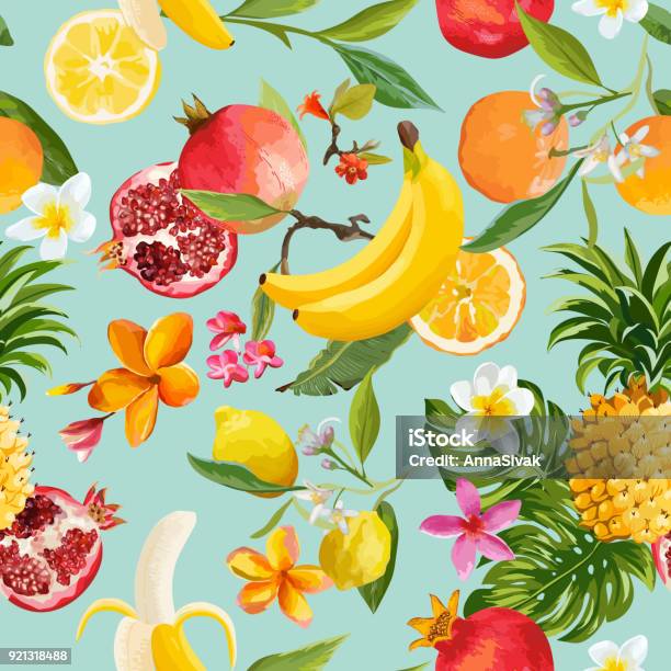 Seamless Tropical Fruits Pattern Exotic Background With Pomegranate Lemon Flowers And Palm Leaves For Wallpaper Wrapping Paper Fabric Vector Illustration Stock Illustration - Download Image Now