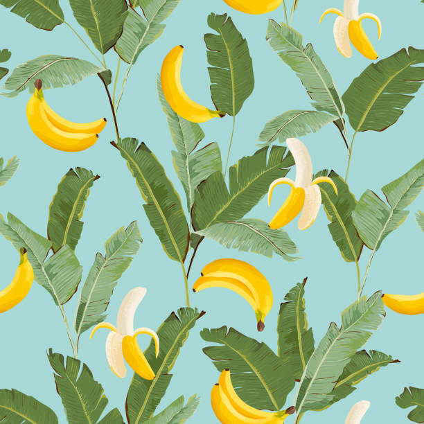 Tropical Seamless Pattern with Bananas and Palm Leaves. Summer Floral Background for Wallpaper, Fabric, Wrapping Paper. Vector illustration Tropical Seamless Pattern with Bananas and Palm Leaves. Summer Floral Background for Wallpaper, Fabric, Wrapping Paper. Vector illustration banana patterns stock illustrations