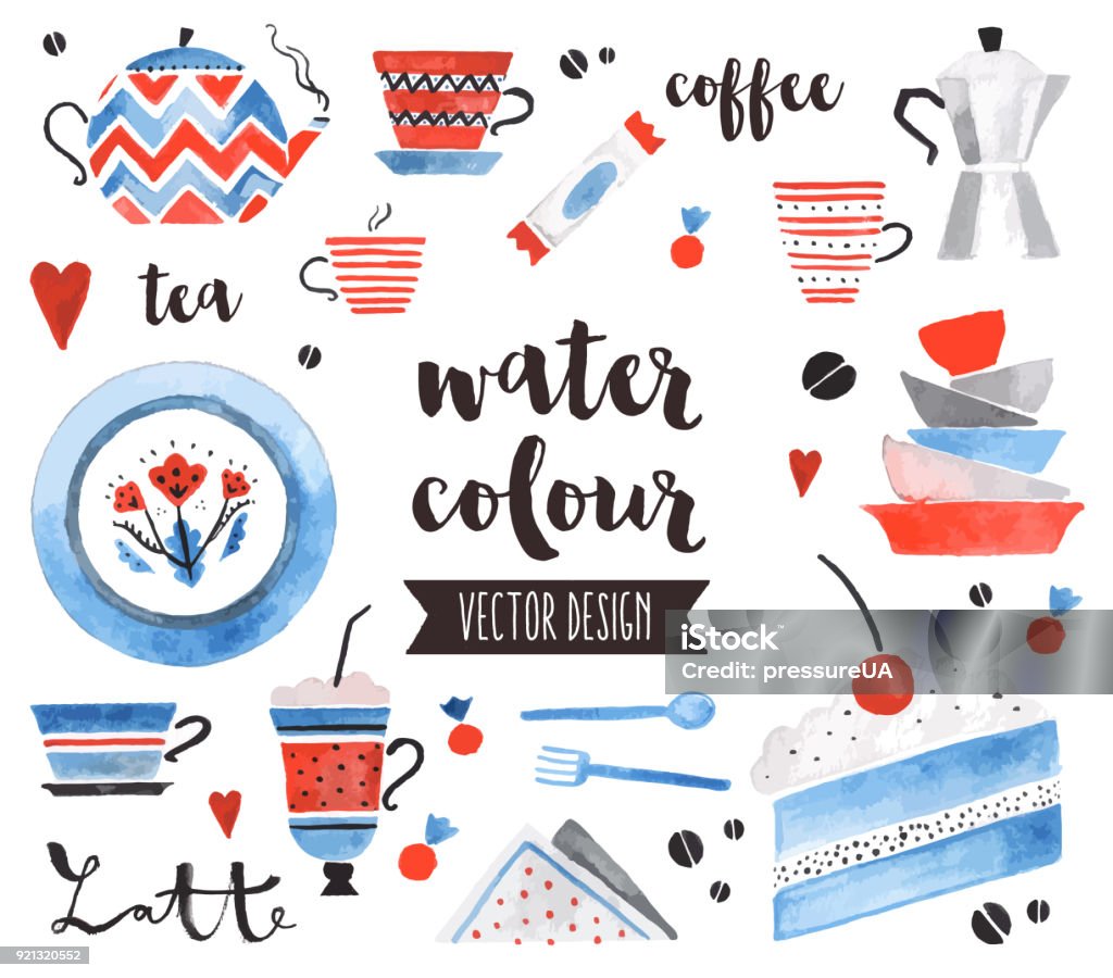 Tea Time Watercolor Vector Objects Premium quality watercolor icons set of traditional tea pot, bright ceramic plates. Hand drawn realistic vector decoration with text lettering. Flat lay watercolour objects isolated on white background. Watercolor Painting stock vector