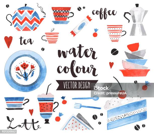 Tea Time Watercolor Vector Objects Stock Illustration - Download Image Now - Watercolor Painting, Illustration, Cup