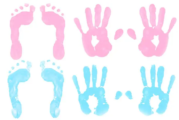 footprints and hand print in pink and baby blue isolated on white.