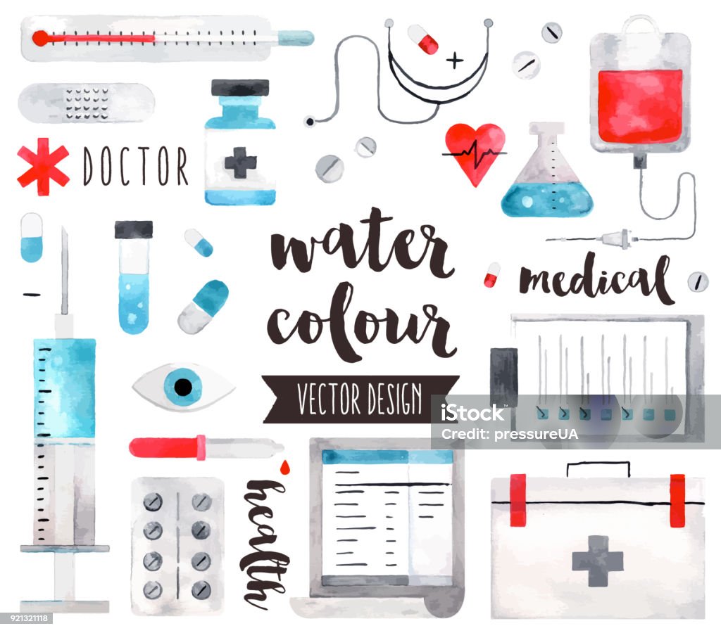 Medical Equipment Watercolor Vector Objects Premium quality watercolor icons set of medical equipment, pills with first aid kit. Hand drawn realistic vector decoration with text lettering. Flat lay watercolour objects isolated on white background. Watercolor Painting stock vector