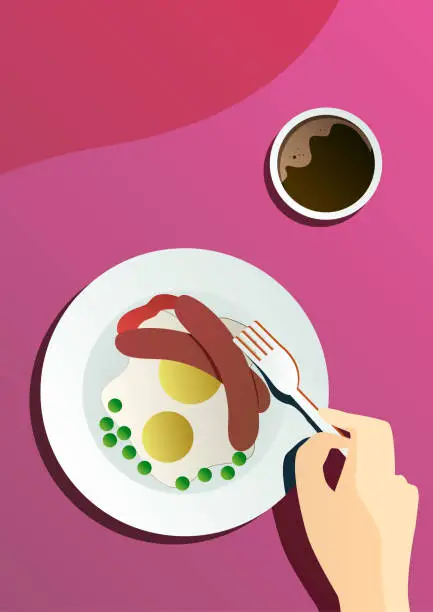 Vector illustration of Vector flat poster catering party with people hands and a plate with dishes from the menu, top view
