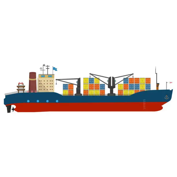 Vector illustration of Container ship in export and import business and logistics. Shipping cargo to harbor by crane. Water transport International. Vector illustrated icon with solid and flat color style design.
