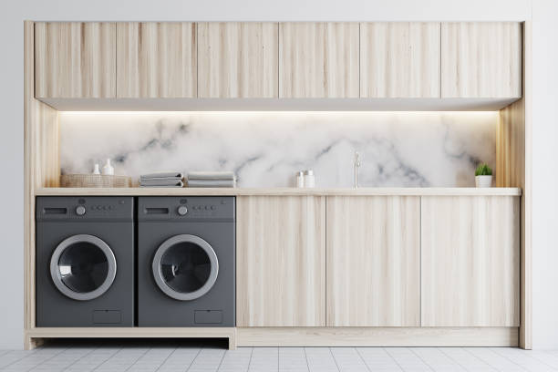 istock Marble and wooden laundry room 921324880