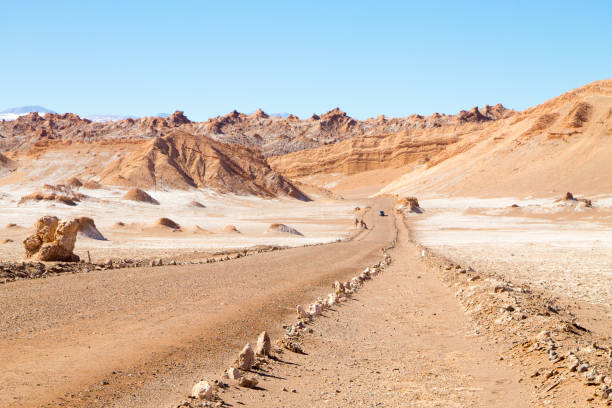 Dirt road perspective view,Chile Chilean landscape, dirt road on Valley of the Moon. Chile panorama atacama desert photos stock pictures, royalty-free photos & images