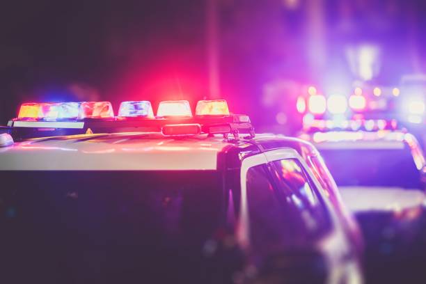 Police DUI Checkpoint Police DUI Nigh Time Checkpoint. Police Cruiser Lights Closeup Photo. police vehicle lighting photos stock pictures, royalty-free photos & images