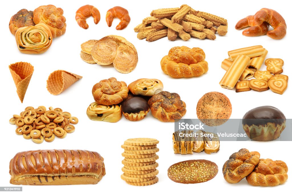 Set bread baked products Set bread baked products (biscuits, cookies, cupcake, roll) isolated on white background. Bread Stock Photo
