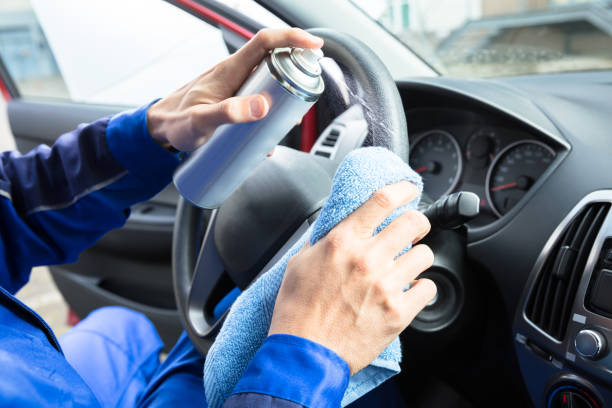 istock Man Cleaning Car Steering Wheel 921342504