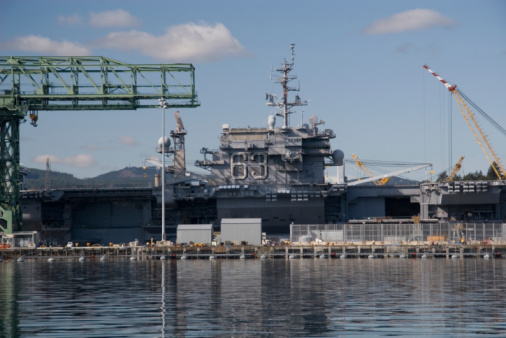 The USS Kitty Hawk decommissioning at the Bremerton Naval Shipyard, Washington State. As seen from Sinclair Inlet