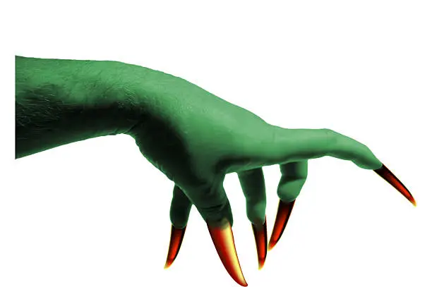 Scary witch hand. Green skin, yellow claws.