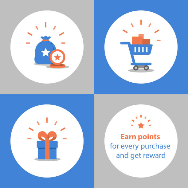 Earn points for purchase, loyalty program, reward concept, full shopping cart, redeem gift Loyalty program, earn points for purchase, reward concept, full shopping cart, redeem gift, vector icon, flat illustration discount store illustrations stock illustrations