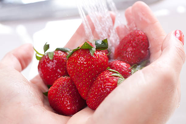 frau waschen erdbeeren - washing fruit preparing food strawberry stock-fotos und bilder