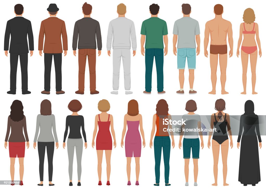 back view people group, man, woman standing characters, business  isolated person vector illustration of back view people group, man, woman standing characters, business  isolated person Rear View stock vector