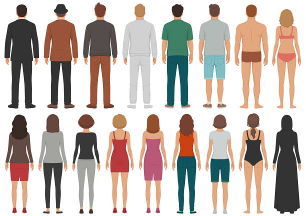 back view people group, man, woman standing characters, business  isolated person vector illustration of back view people group, man, woman standing characters, business  isolated person human back stock illustrations