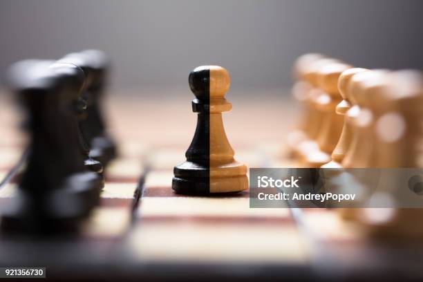 Double Color Pawn Amidst Other Chess Pieces On Board Stock Photo - Download Image Now