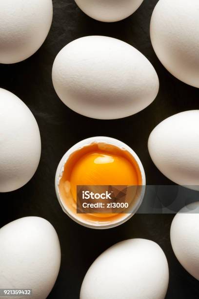 Chicken Eggs With White Shells On A Black Background Stock Photo - Download Image Now
