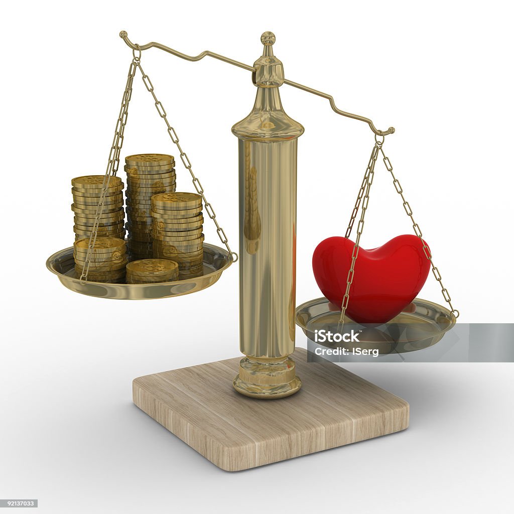 Corazón y dinero para escalas. Aislado 3D imagen. - Foto de stock de Ahorros libre de derechos