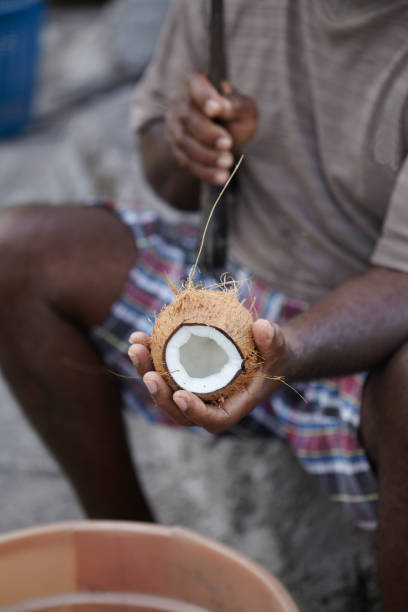 istock Afro Caribbean Man Shelling Coconut 921371120