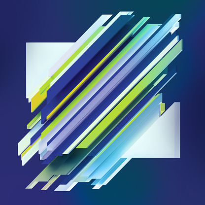 3d render, digital illustration, abstract geometric background, split blocks, lines, stripes, green blue violet panels, fragments, flat layers, pattern