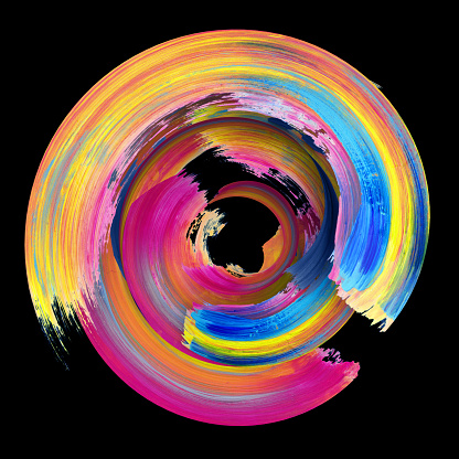 3d rendering, abstract twisted brush stroke, paint splash, splatter, colorful circle, artistic spiral, vivid ribbon