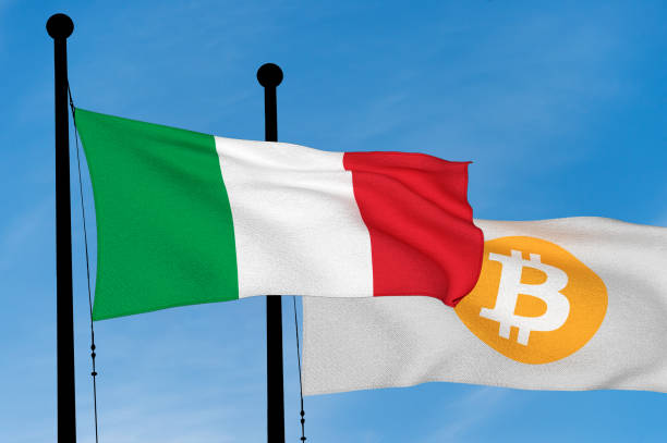 istock Italian flag and Bitcoin Flag waving over blue sky (3D rendering) 921386794