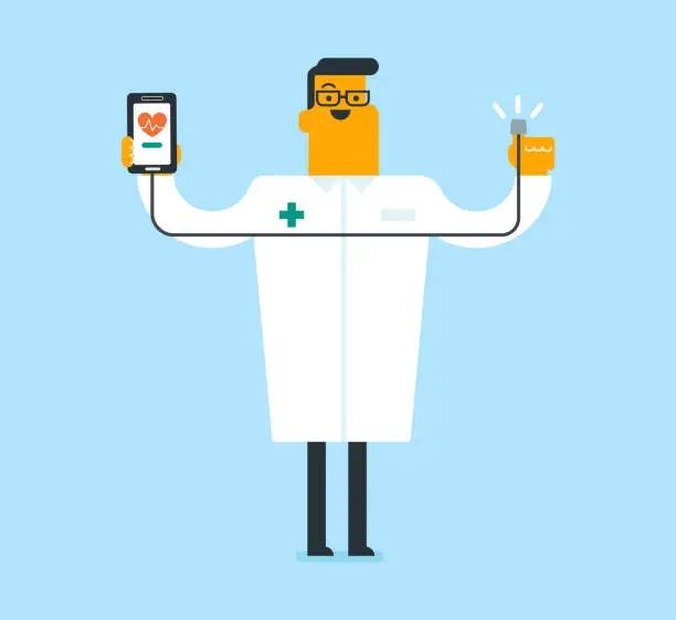 Vector illustration of Doctor showing app for measuring heart pulse