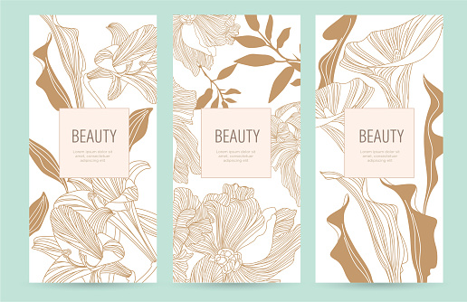 A set of packaging templates with gold flowers for luxury products