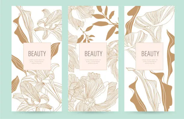 Vector illustration of A set of packaging templates with gold flowers for luxury products