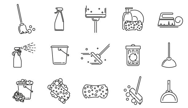 ilustraciones, imágenes clip art, dibujos animados e iconos de stock de juego de limpieza de iconos lineal de servicio. - dust dusting cleaning broom