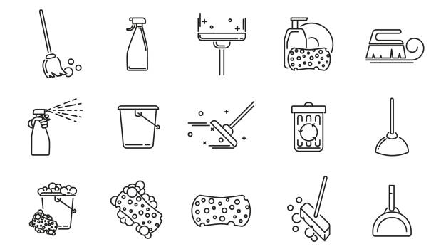 czyszczenie usługi liniowe ikony zestaw. - miotła stock illustrations