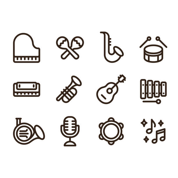 Jazz music instruments icons Jazz music instruments icons set. Modern and simple musical line icons, vector illustration collection. rattle drum stock illustrations