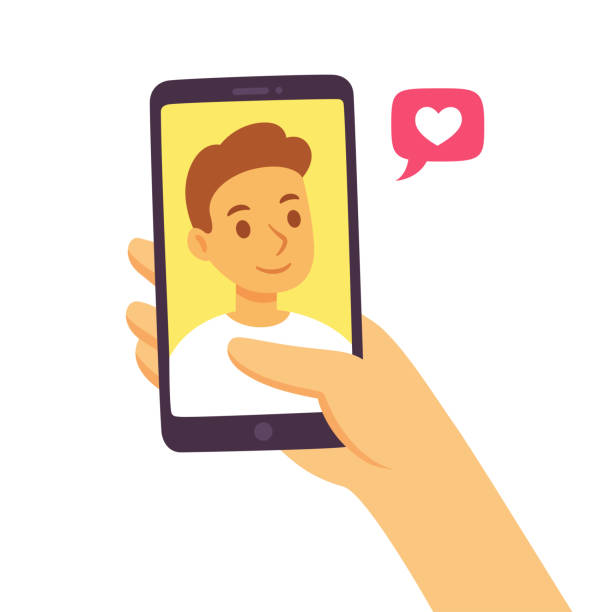 Smartphone social communication concept Video call with loved one. Female hand holding smartphone with boyfriend on screen. Online dating, long distance relationship concept. Flat cartoon vector illustration. hand holding phone stock illustrations