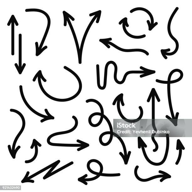 Vector Hand Drawn Arrows Set Black Sketch Arrows In Doodle Style Lines Circles Marks Stock Illustration - Download Image Now