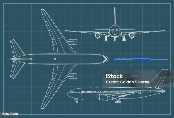 Industrielle Blaupause Des Flugzeugs Vektor Umrisszeichnung Flugzeug Auf Einem Blauen Hintergrund Oben Seiten Und Frontansicht Stock Vektor Art und mehr Bilder von Flugzeug