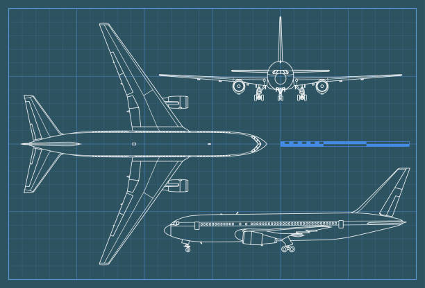 飛行機の産業の青写真。青色の背景に平面を描画ベクトル アウトライン。トップ、サイド、フロント ビュー。 - flying jet fighter plane air vehicle点のイラスト素材／クリップアート素材／マンガ素材／アイコン素材